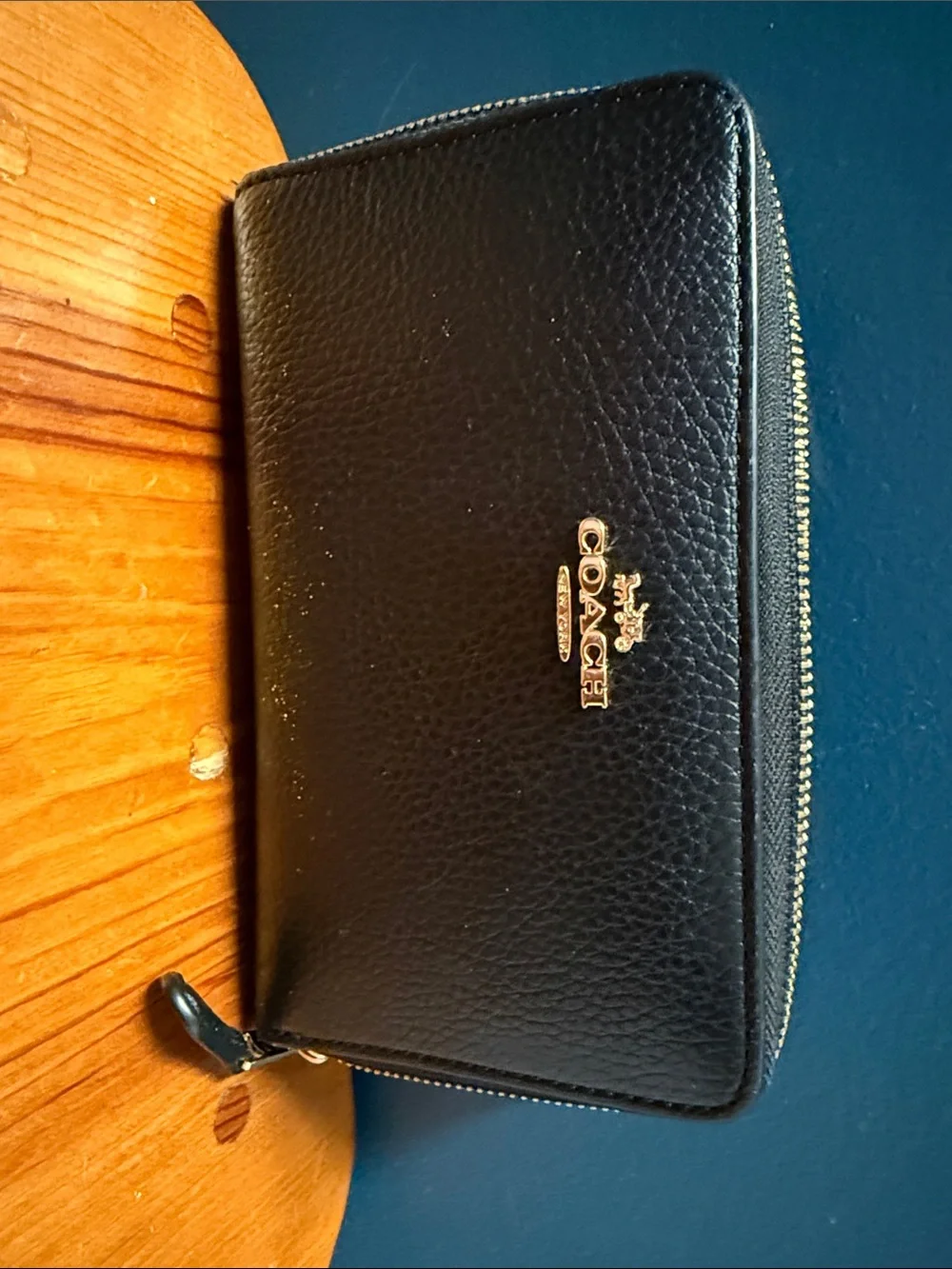 Coach Black Pebbled Leather Short Zip Wallet with Gold Logo